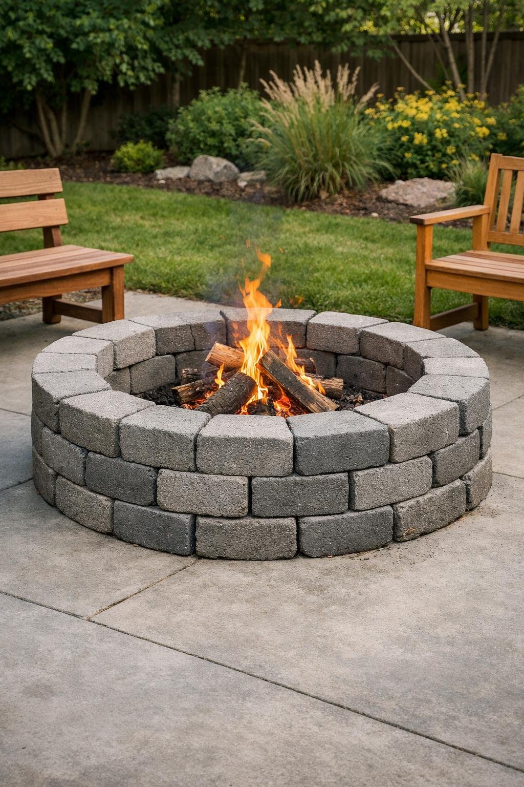 A backyard patio with a circular fire pit made from cinder blocks surrounded by outdoor seating and greenery.