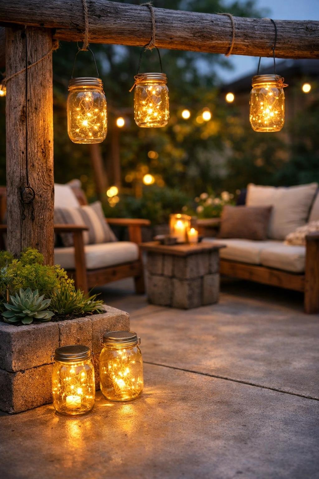 Outdoor patio at twilight with glowing mason jar lanterns hanging and placed on concrete surfaces surrounded by plants and seating.