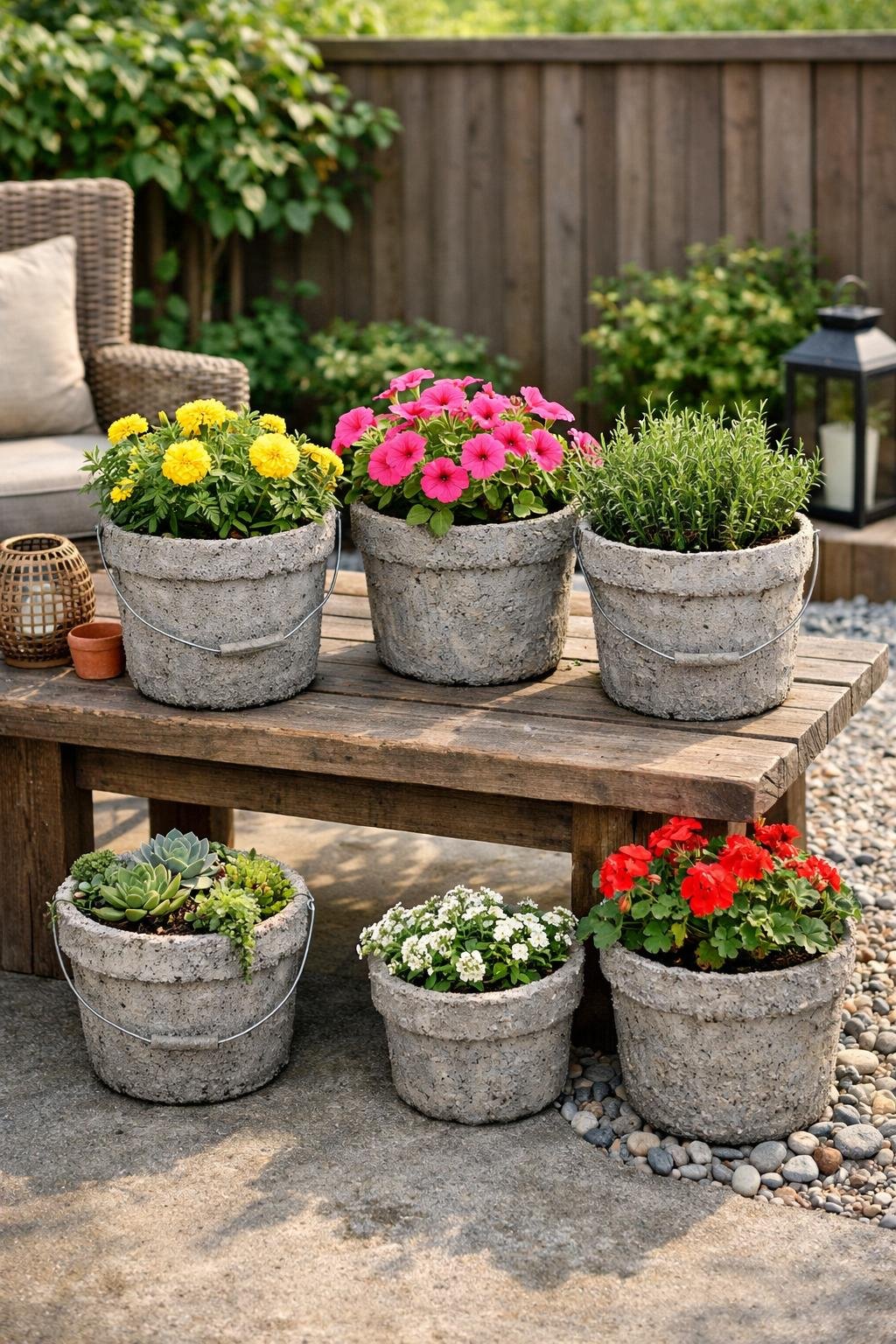Outdoor patio with concrete planters made from old metal buckets filled with plants and flowers on a wooden table surrounded by garden greenery.