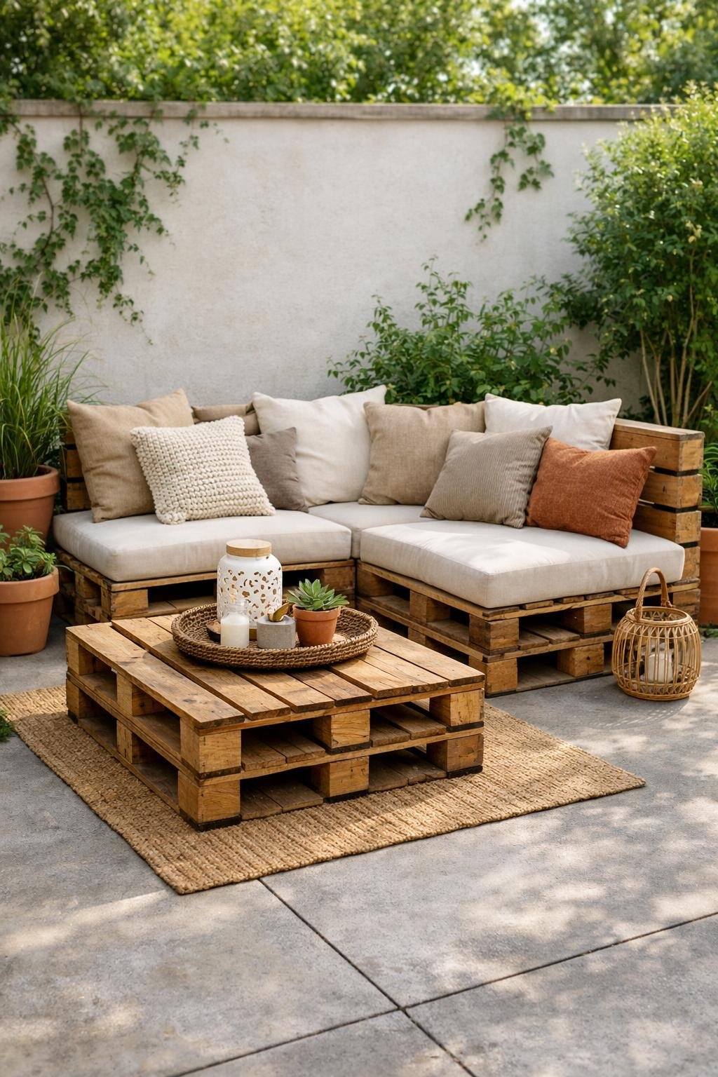 Outdoor patio with wooden pallet seating and cushions on a concrete floor surrounded by plants.