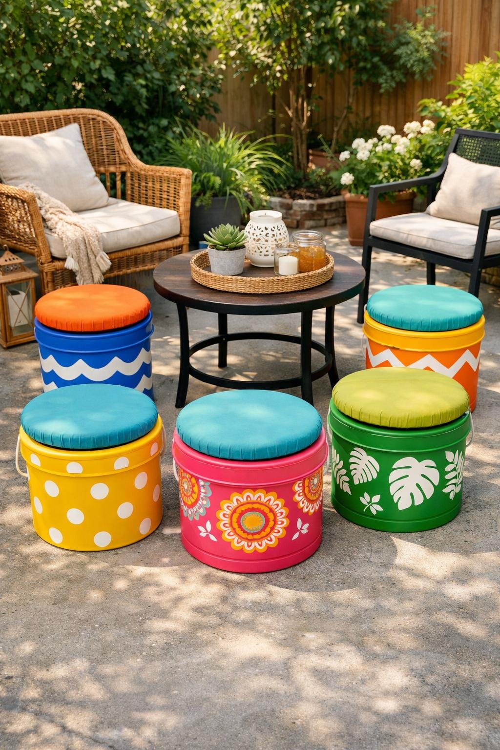 Outdoor patio with colorful painted poufs made from plastic buckets arranged around a small table in a garden setting.