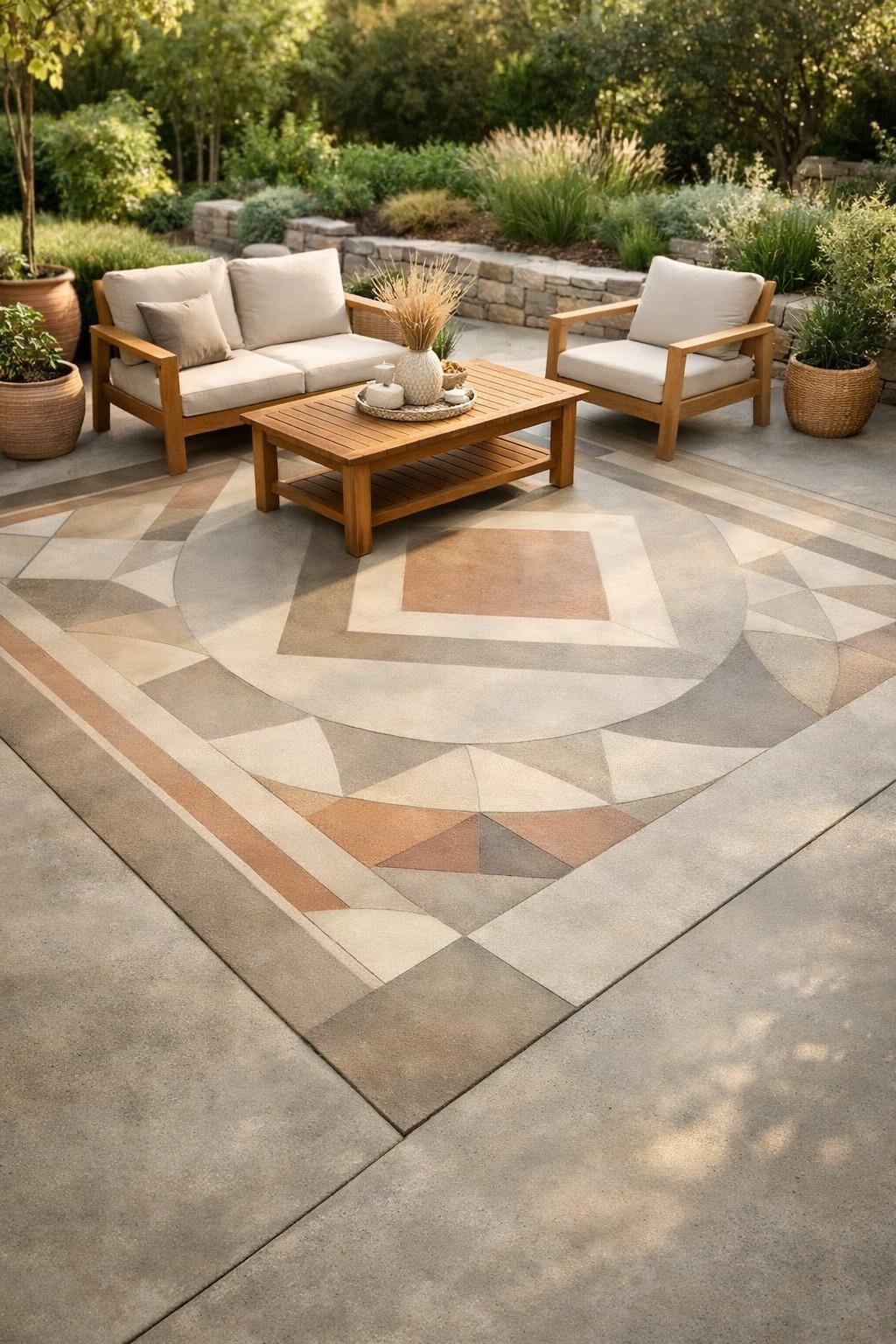 Outdoor patio with a smooth, patterned concrete surface surrounded by plants and outdoor furniture.