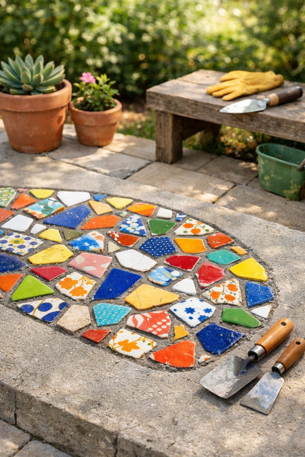 Close-up of colorful mosaic tiles made from broken ceramics set in concrete on an outdoor patio with plants and a bench in the background.
