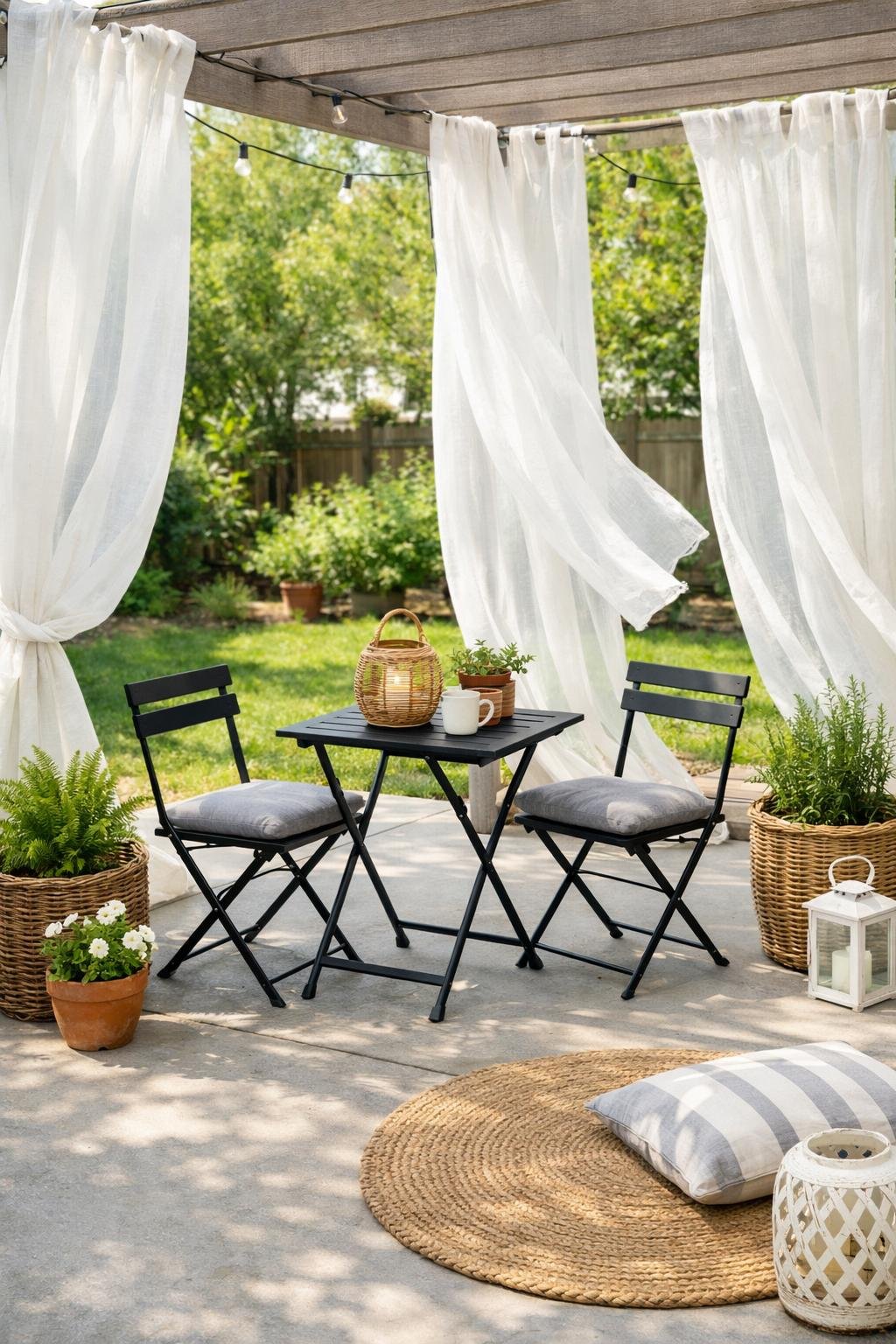 Outdoor concrete patio with lightweight temporary curtains, simple furniture, and potted plants in a backyard setting.
