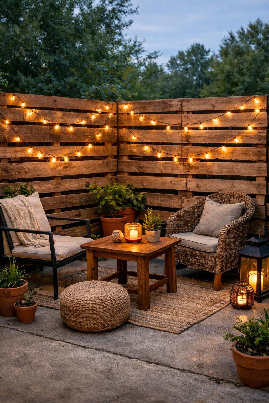 Outdoor patio with pallet wood privacy screens decorated with fairy lights, potted plants, and simple furniture.