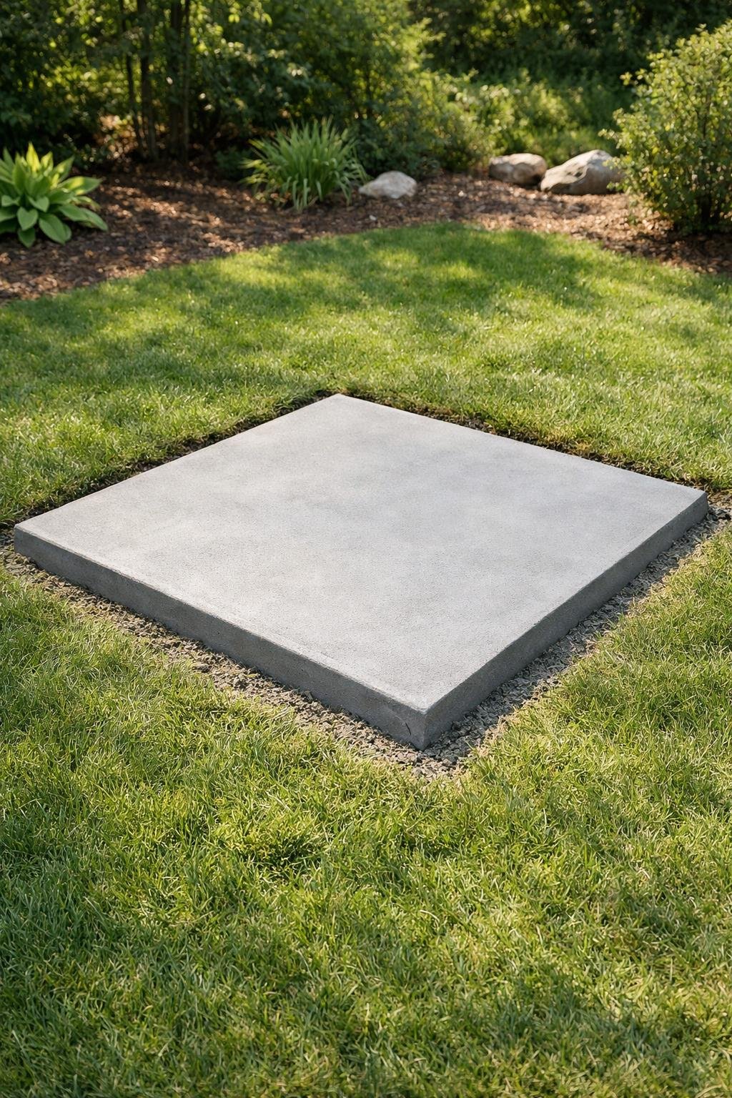 A freshly poured 4x4 concrete slab patio base in a backyard surrounded by grass and plants.
