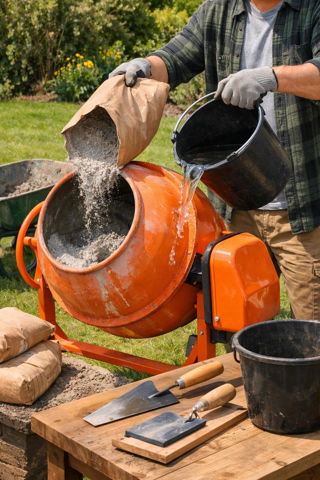 A person mixing concrete in a portable cement mixer outdoors in a backyard with gardening tools nearby.