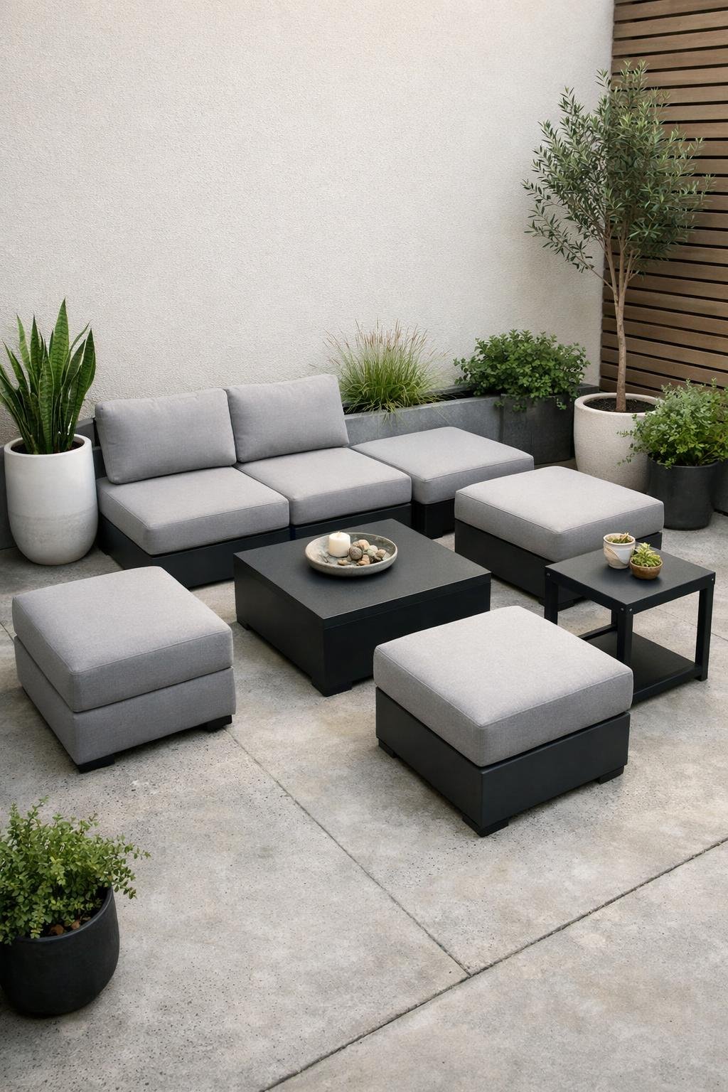 Small concrete patio with modular outdoor furniture arranged for easy rearranging, surrounded by potted plants.