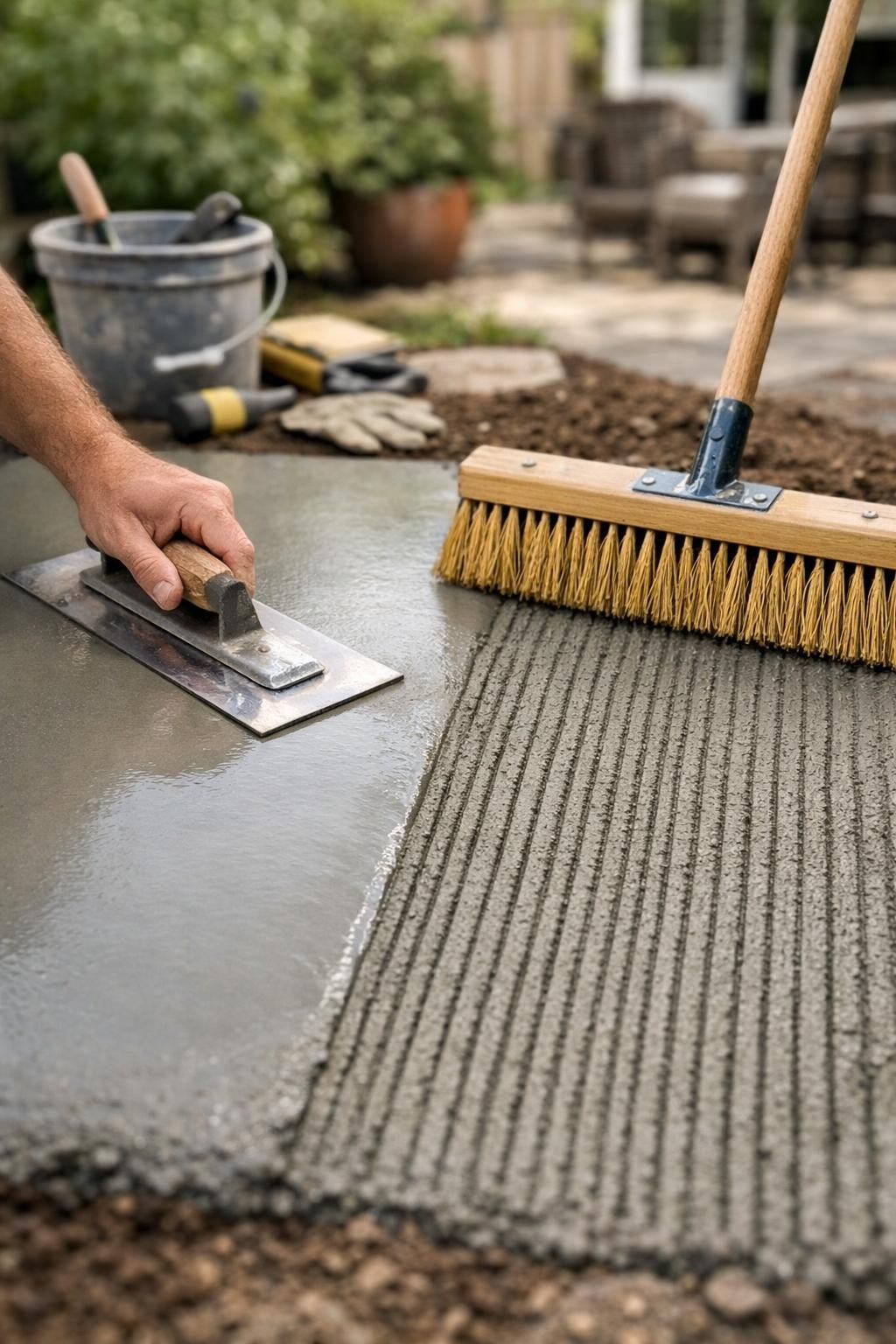 Hands using a steel trowel and a broom to finish a concrete patio outdoors with smooth and textured surfaces visible.