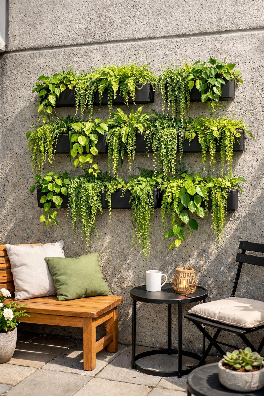 A small outdoor patio with a vertical garden of hanging plants on a concrete wall and minimal furniture.