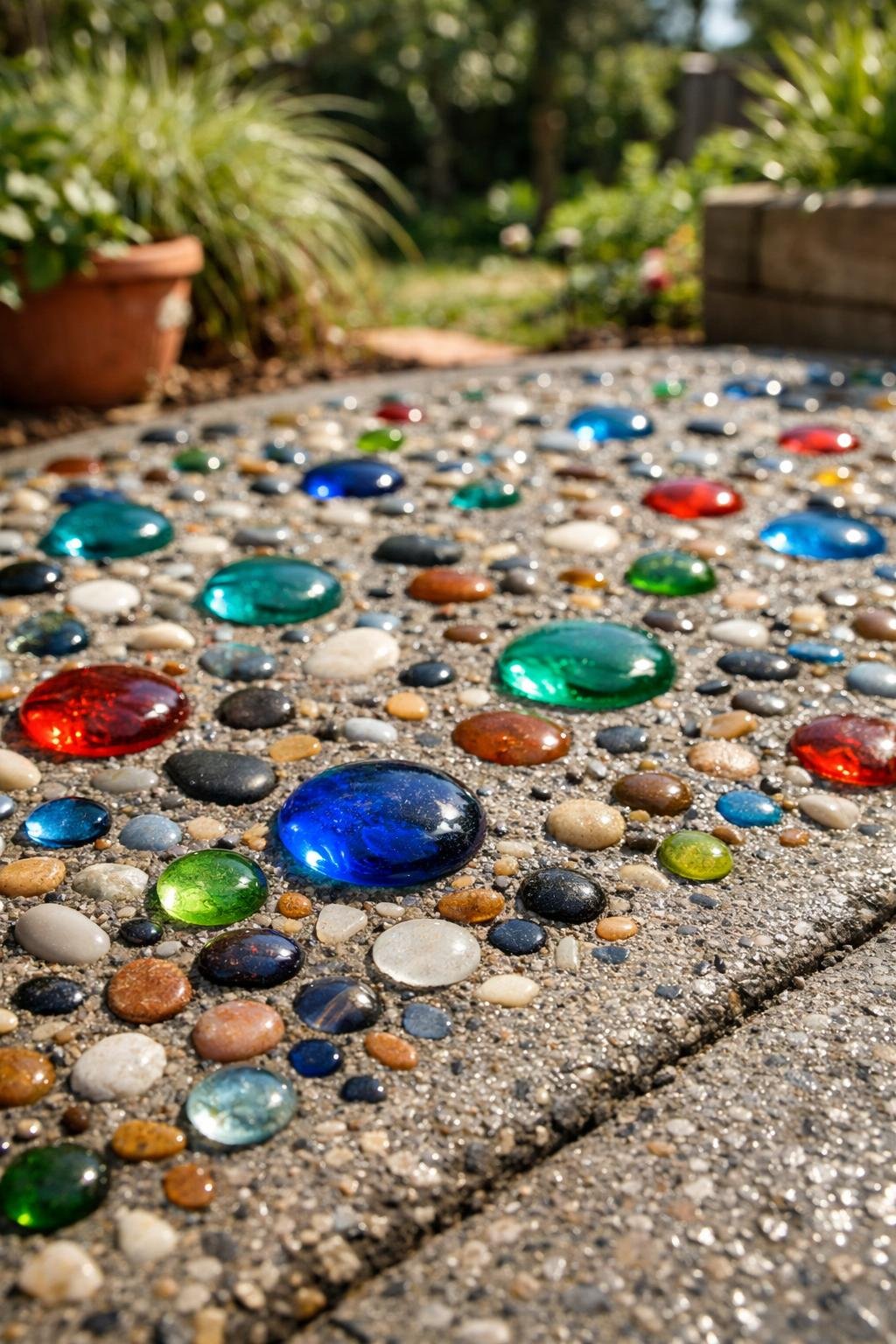 Close-up of a concrete patio embedded with colorful glass gems and pebbles in a backyard garden setting.