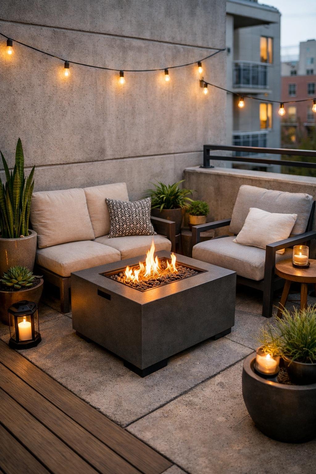 Small concrete patio with a compact fire pit table surrounded by cozy seating and plants in an apartment outdoor space.