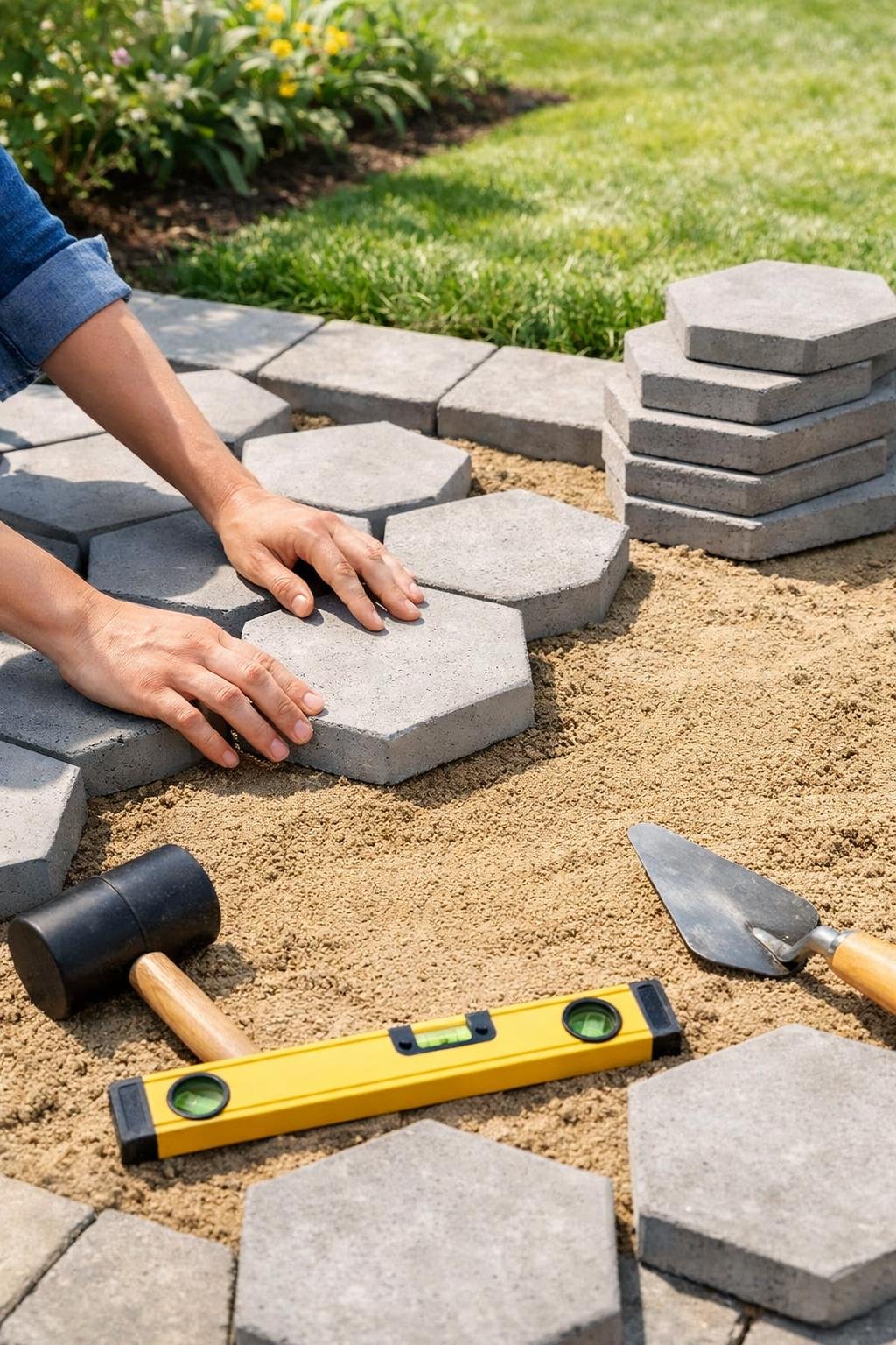 Hands installing hexagonal concrete pavers on a backyard patio with tools and garden plants visible.