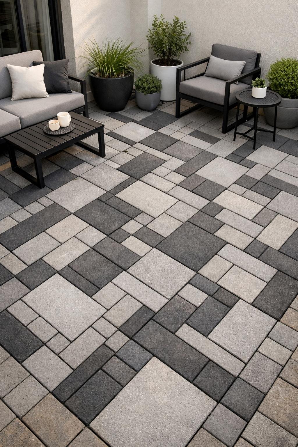 Small outdoor patio with interlocking concrete pavers arranged in geometric patterns and a seating area with plants.