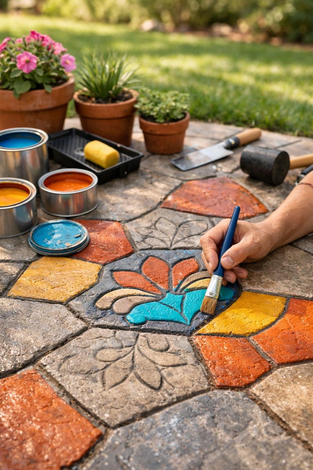 Close-up of a hand painting colorful patterns on stamped concrete in a sunny backyard with gardening tools and plants nearby.