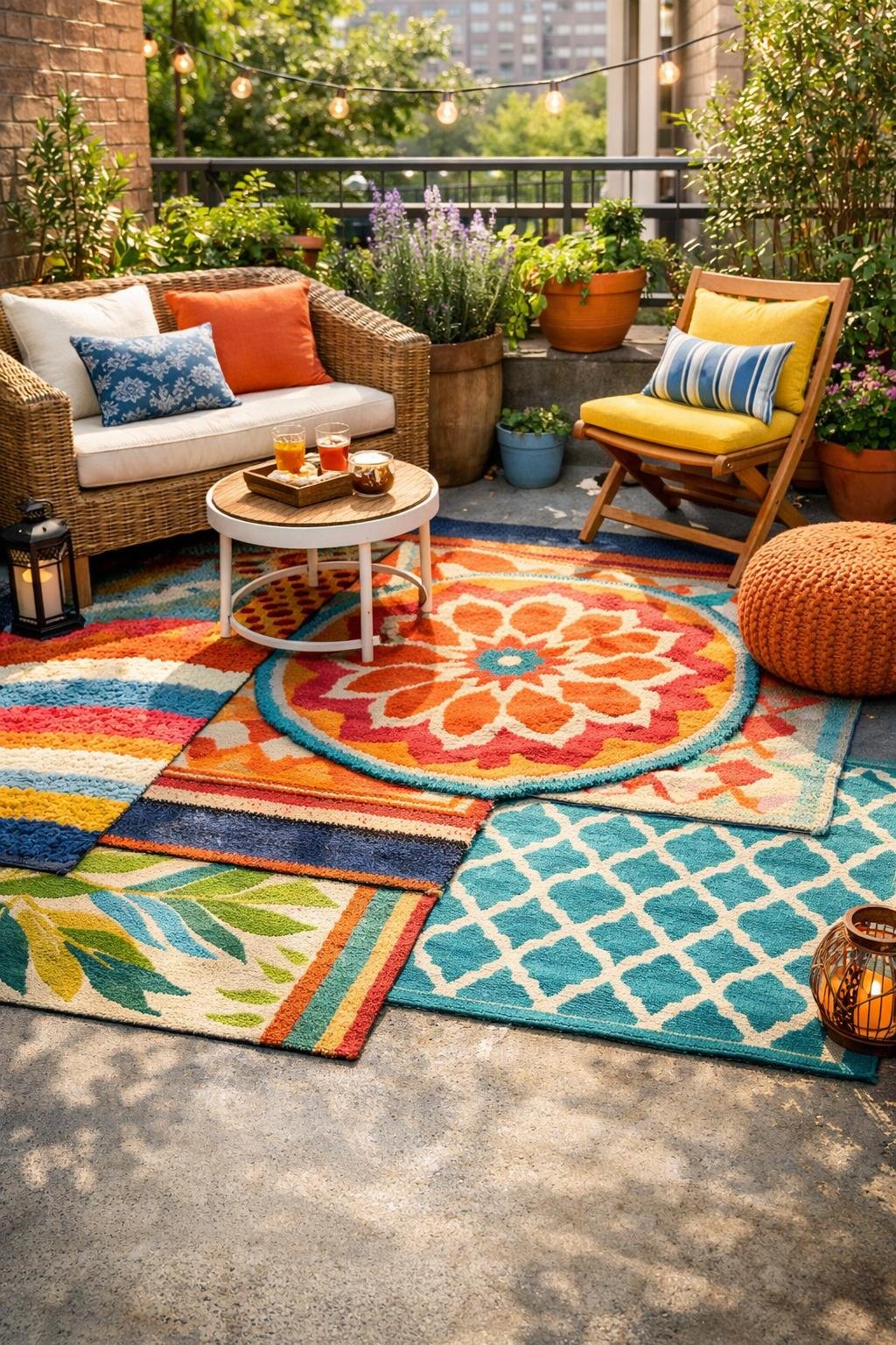 Small outdoor patio with colorful rugs on concrete floor, cozy seating, and potted plants.