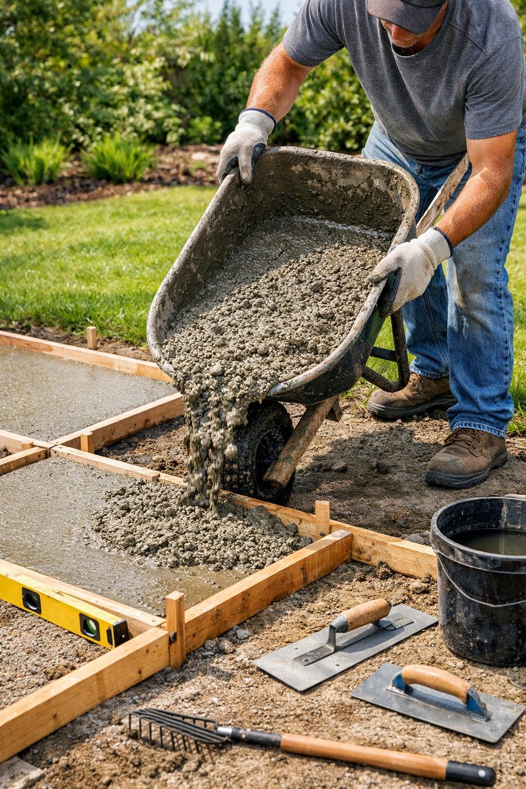 A person pouring concrete into a framed section of a backyard patio during a DIY project.