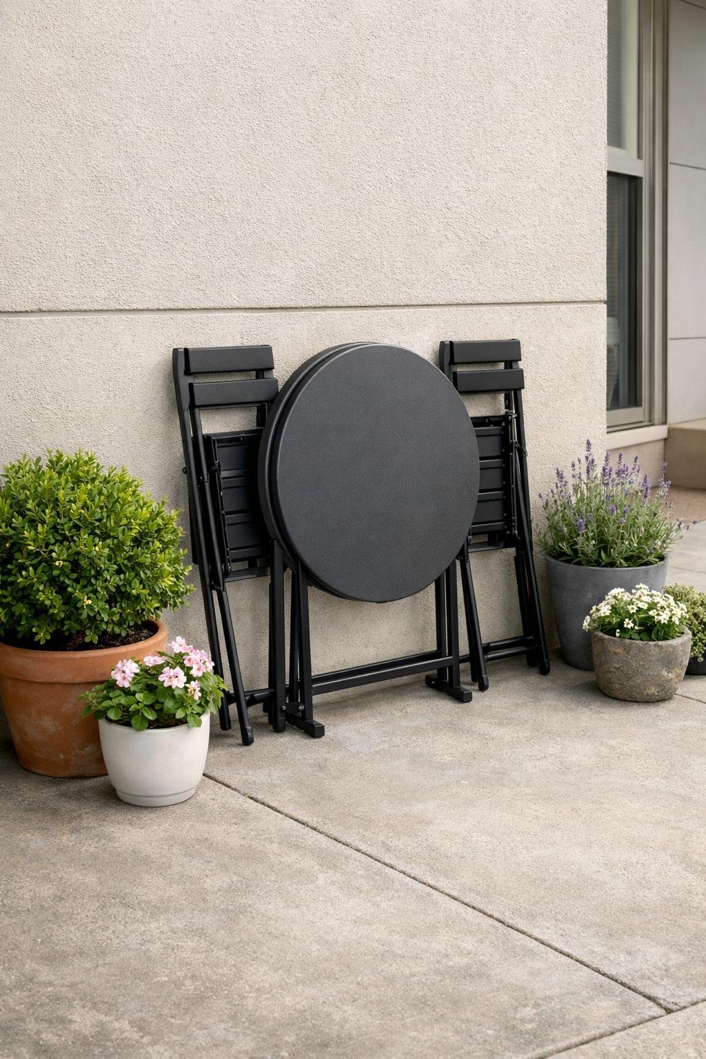 Small concrete patio with a folding bistro set partially tucked away next to a wall, surrounded by potted plants.