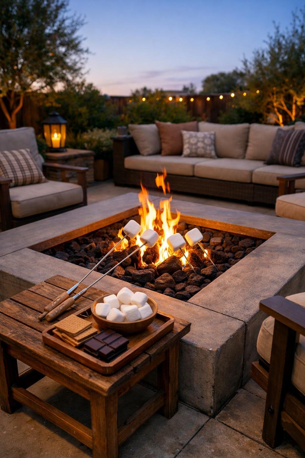 An outdoor patio with an inset fire pit surrounded by chairs and plants, ready for marshmallow roasting.