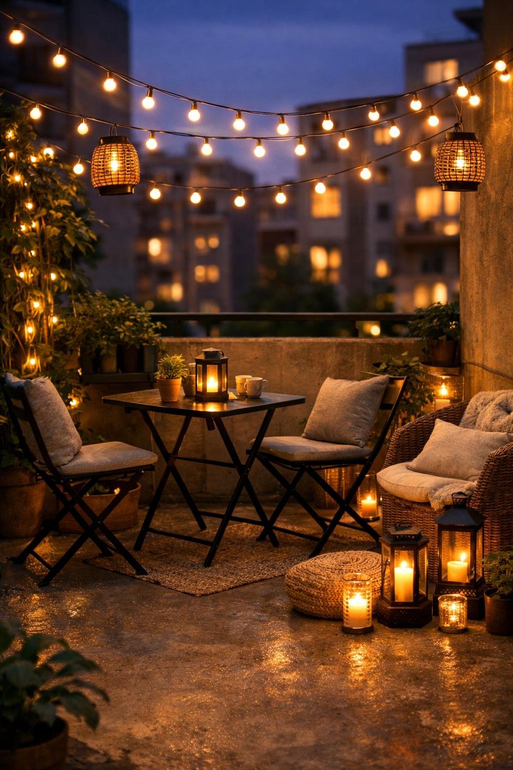 Small concrete patio in an apartment with string lights overhead creating a warm, inviting nighttime atmosphere.