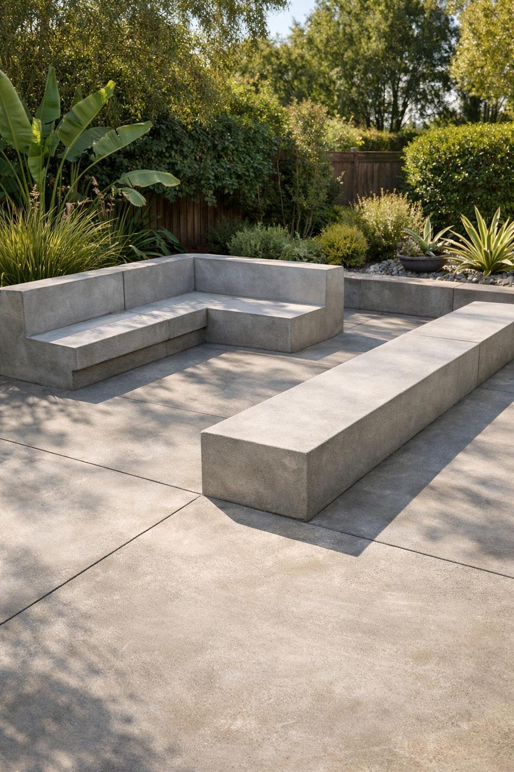Outdoor patio with built-in concrete benches integrated into the patio floor surrounded by plants.