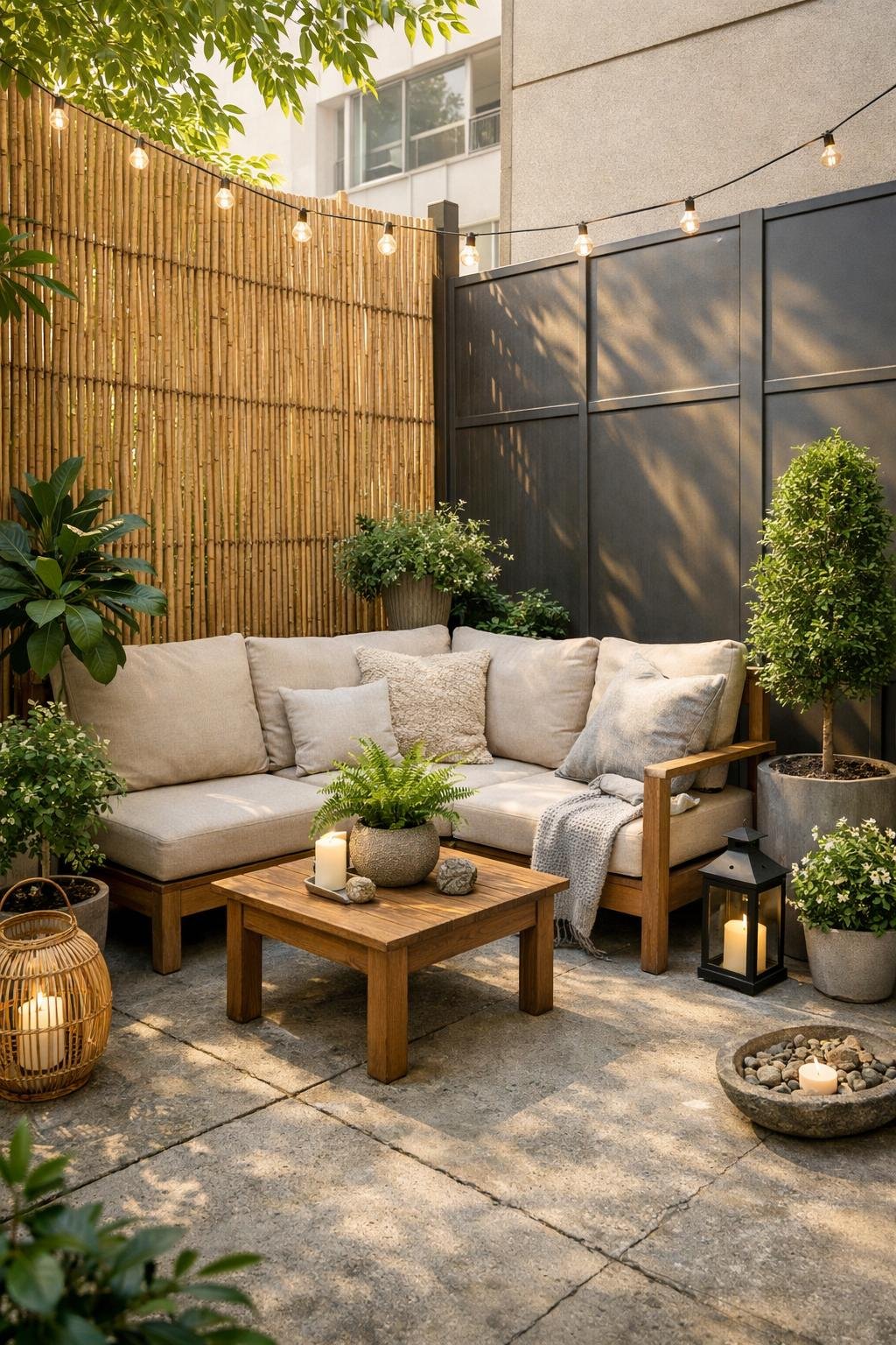 Small outdoor patio nook with bamboo and metal privacy screens, concrete floor, green plants, and comfortable seating.