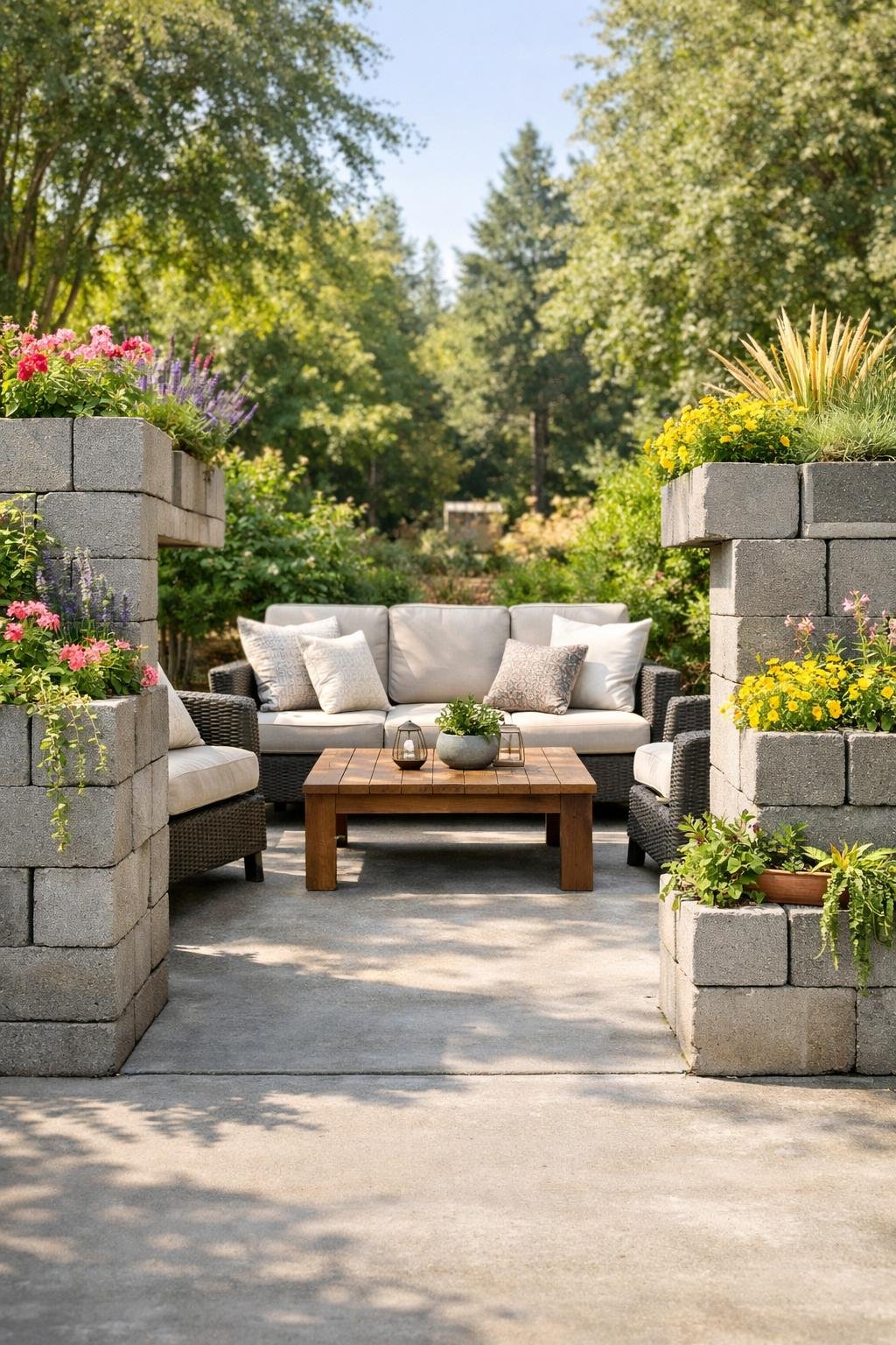 Outdoor patio area with concrete block planters filled with plants, comfortable seating, and a coffee table surrounded by greenery.