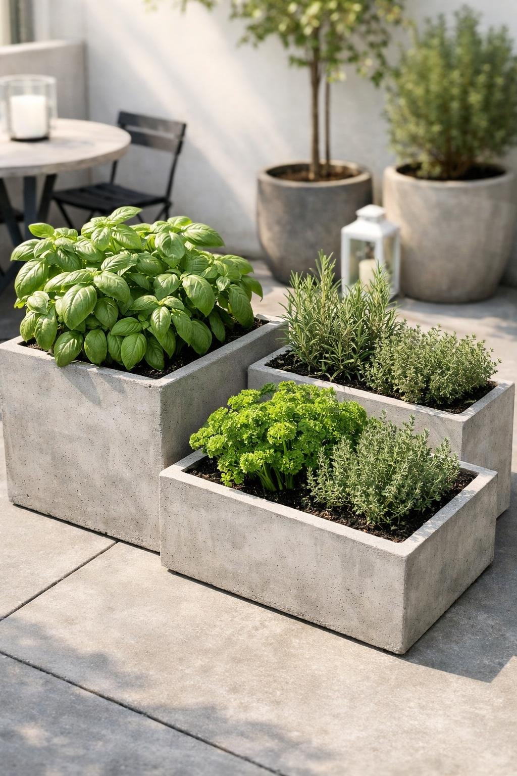 Small raised concrete planters filled with fresh green herbs on a compact patio area.