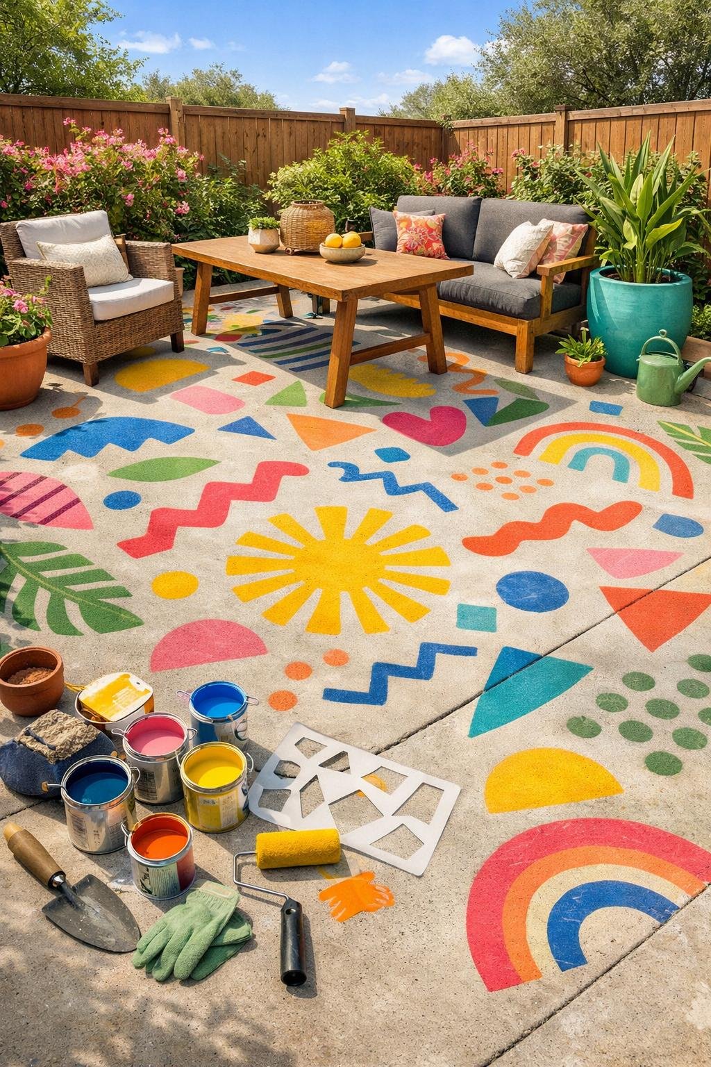 Outdoor concrete patio with colorful stenciled patterns on the floor, surrounded by garden plants and patio furniture.