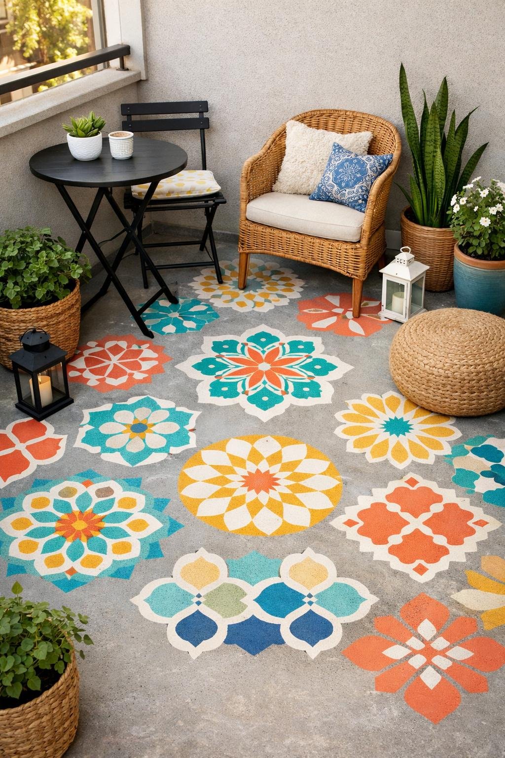 Small concrete patio with colorful weatherproof stencil patterns on the floor, decorated with outdoor furniture and potted plants.