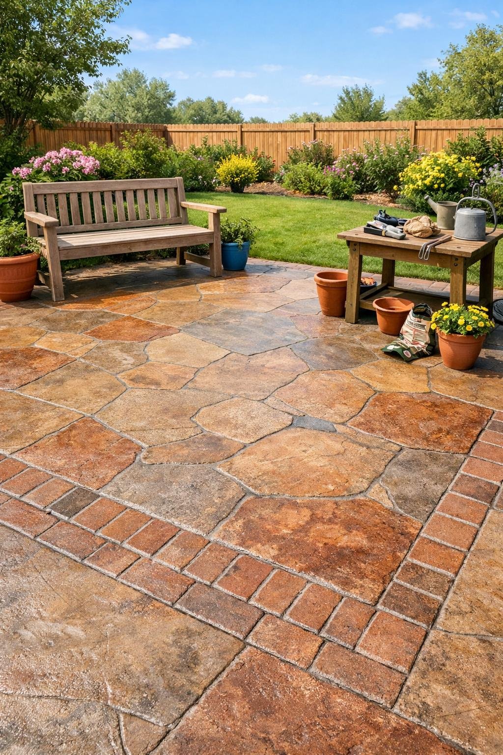 A backyard with a newly finished stamped concrete patio that looks like stone and brick, surrounded by plants and outdoor furniture.