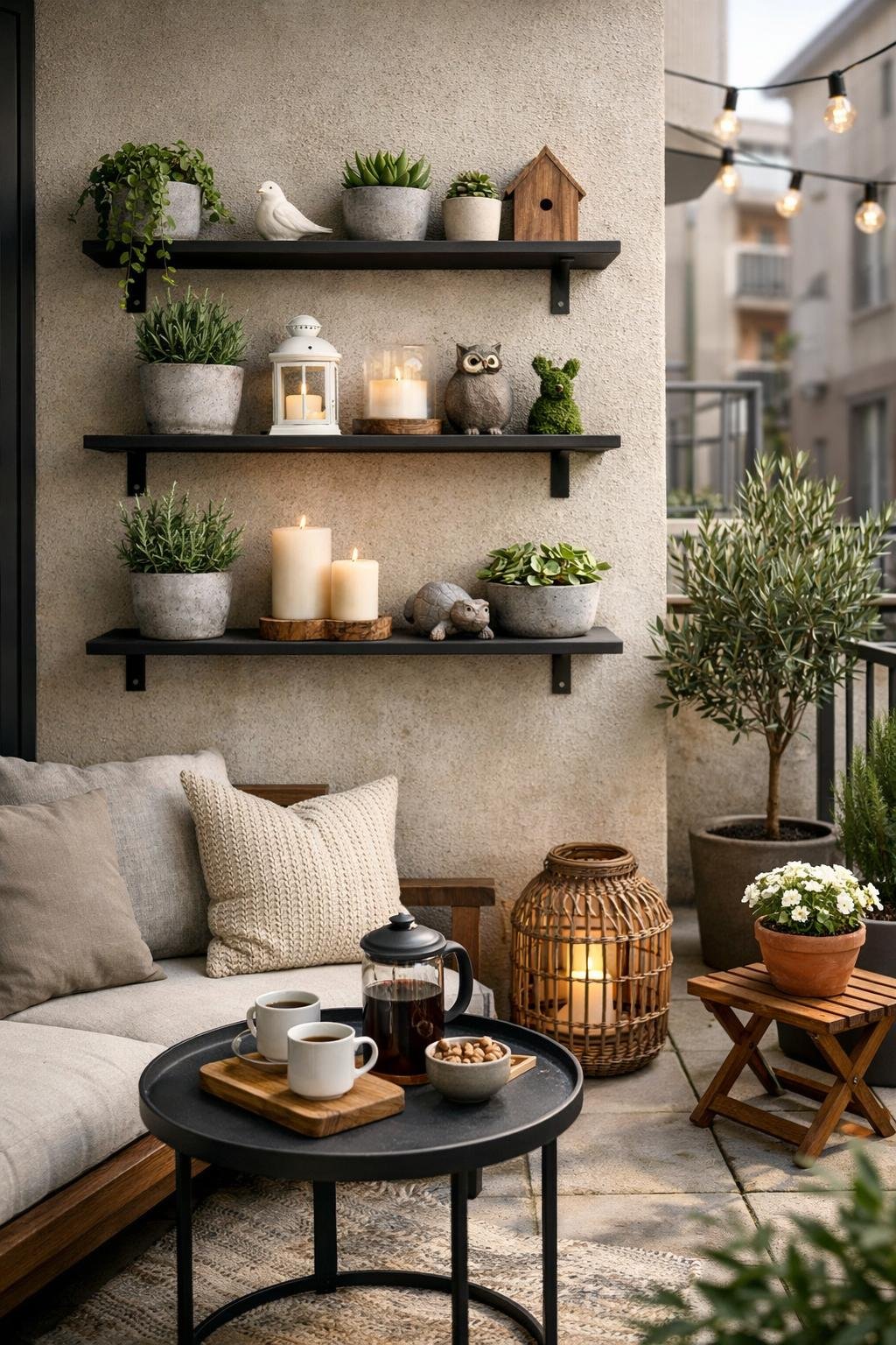 Small apartment patio with vertical shelves holding small pots, candles, and garden ornaments.