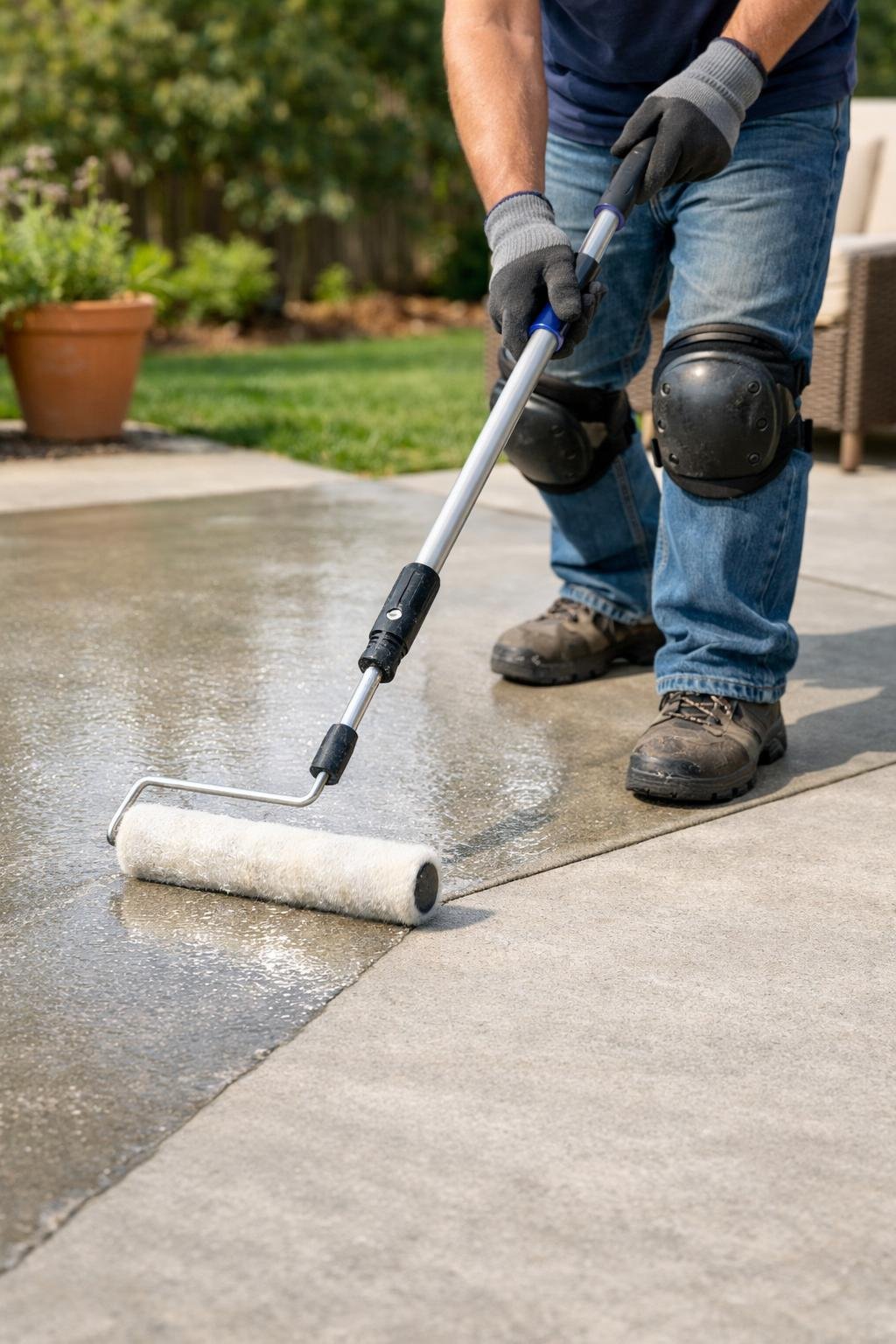 A person applying a clear sealer to a concrete patio outdoors on a sunny day.