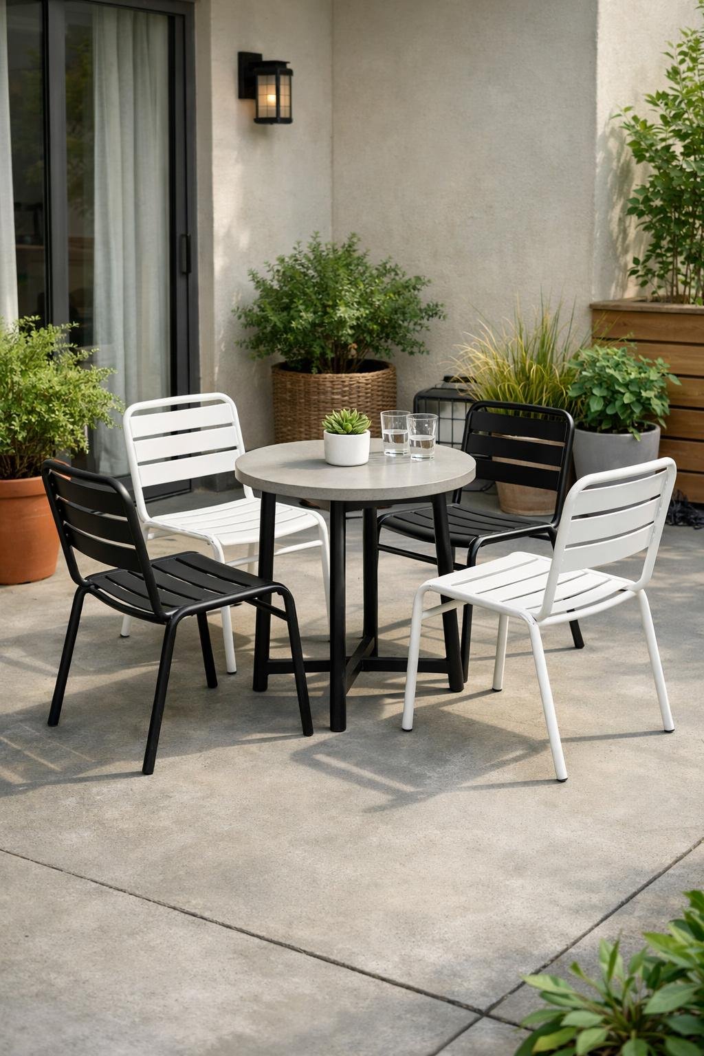 Small concrete patio with lightweight stackable chairs and potted plants outside an apartment.