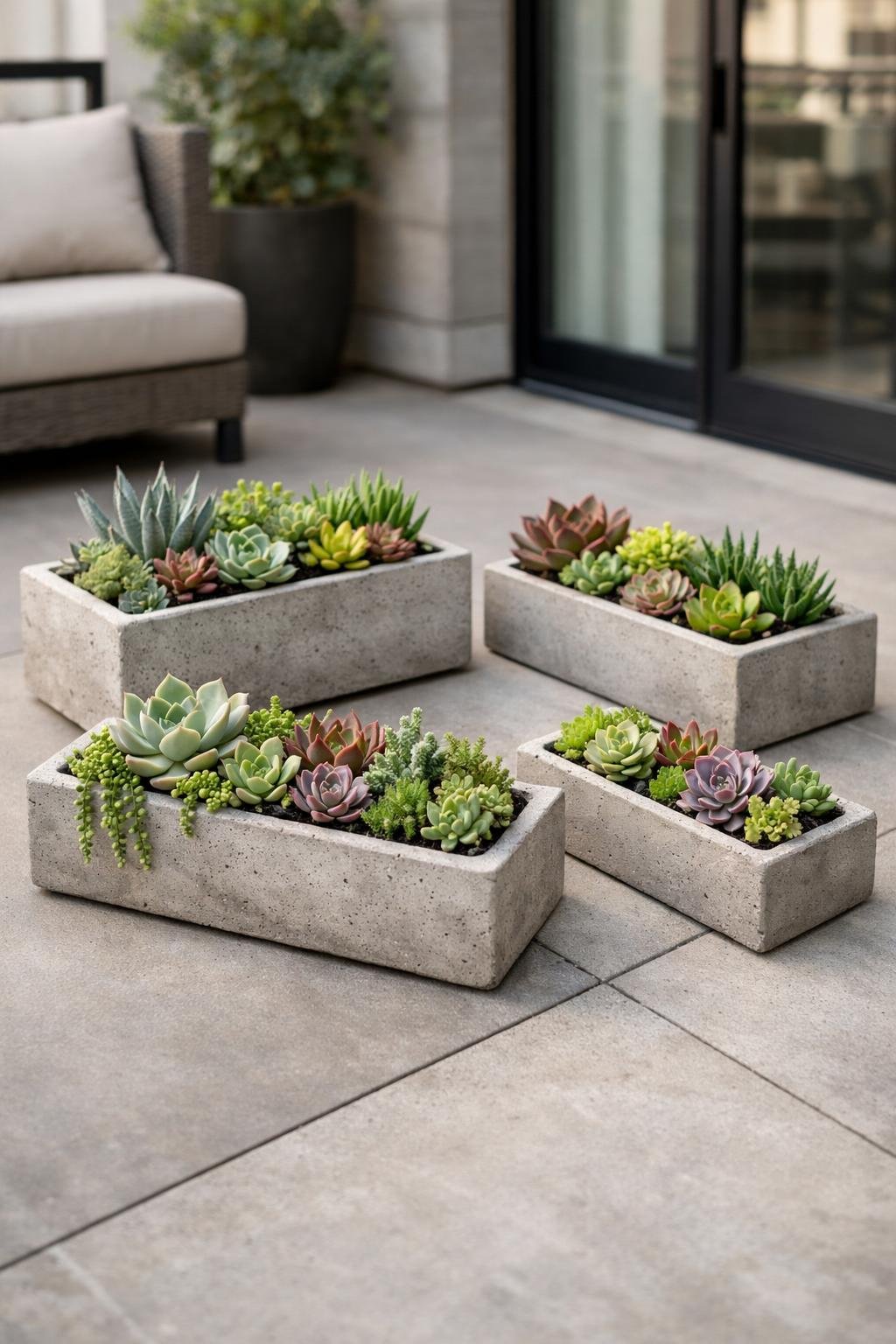 Small concrete trough planters filled with various succulents arranged on an apartment patio.
