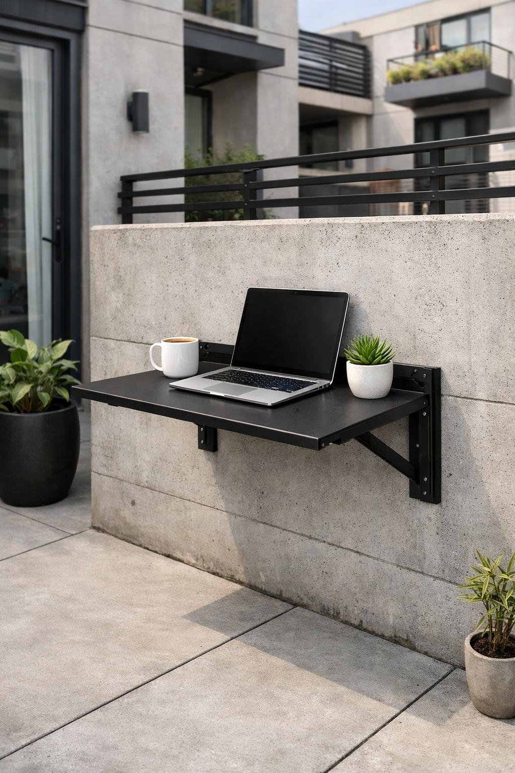 Small outdoor patio with a fold-down table mounted on a concrete wall, set up as a workspace with a laptop and coffee cup.