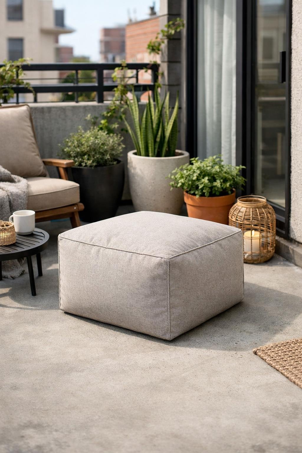 Small concrete patio with a water-resistant outdoor pouf used for seating and as a footrest, surrounded by potted plants in an apartment outdoor space.