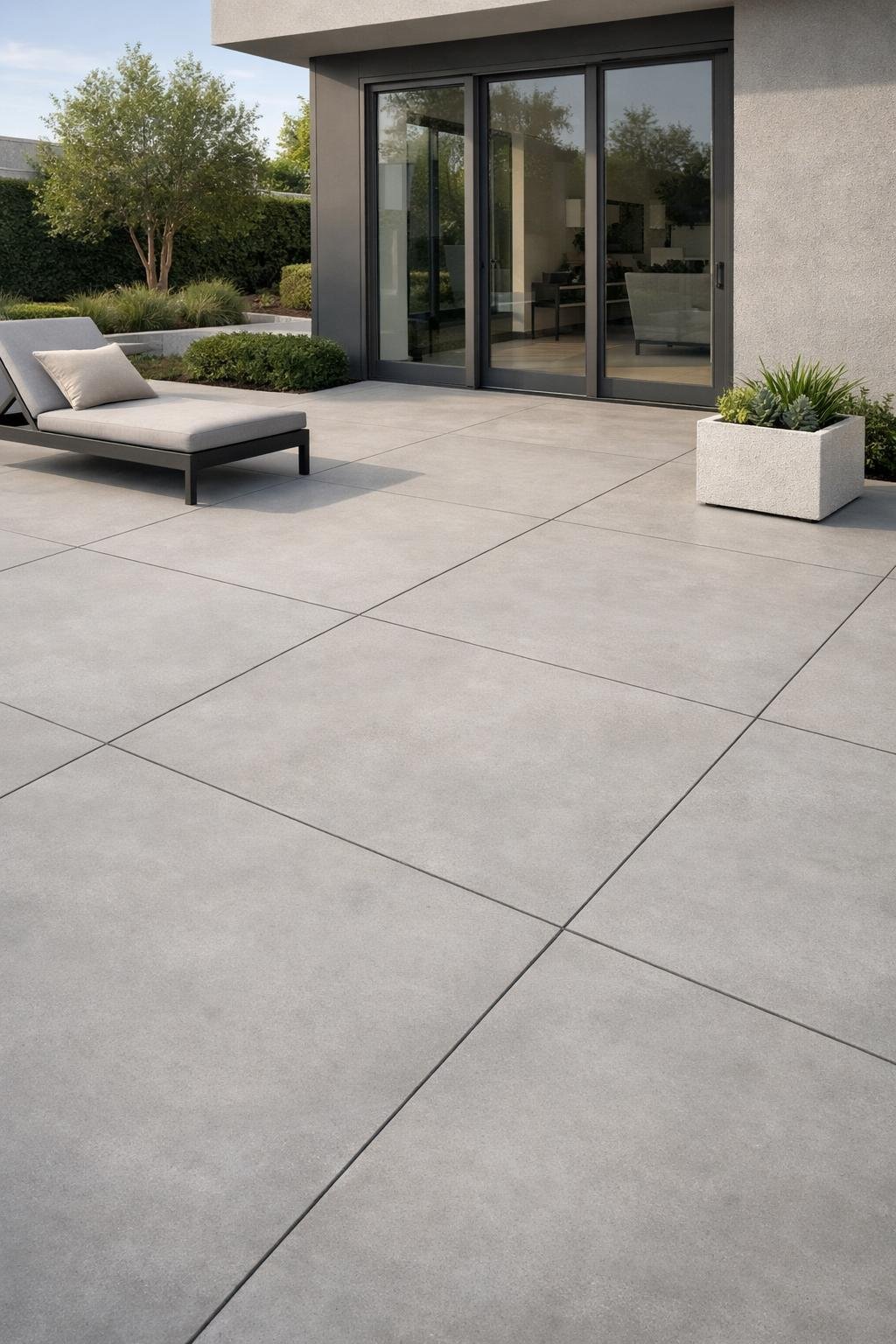 Outdoor patio with large seamless concrete slabs, modern furniture, and a simple garden area next to a contemporary house.