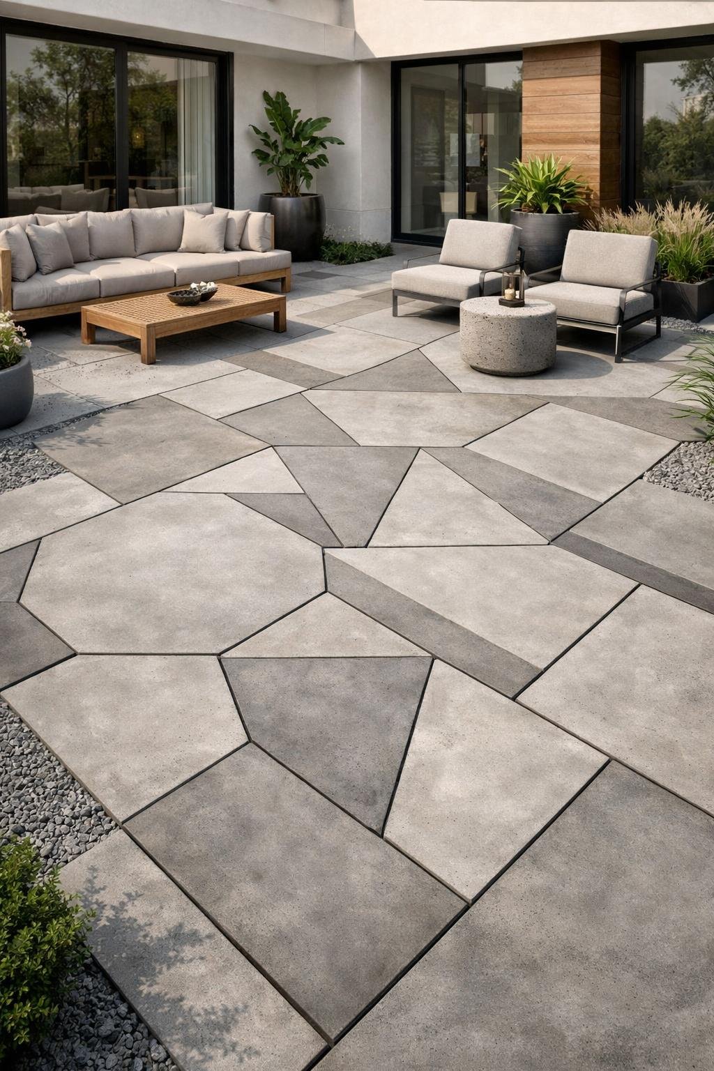 Outdoor patio with geometric concrete patterns, modern furniture, plants, and a contemporary house in the background.