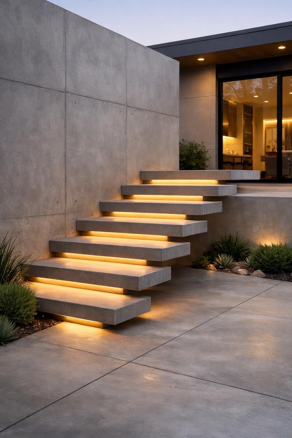 Outdoor patio with floating concrete steps illuminated by hidden lights beneath each step, surrounded by plants and a modern home exterior.