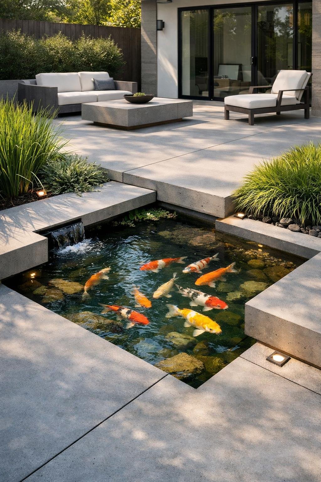 A modern concrete patio with a built-in koi pond surrounded by green plants and outdoor furniture.