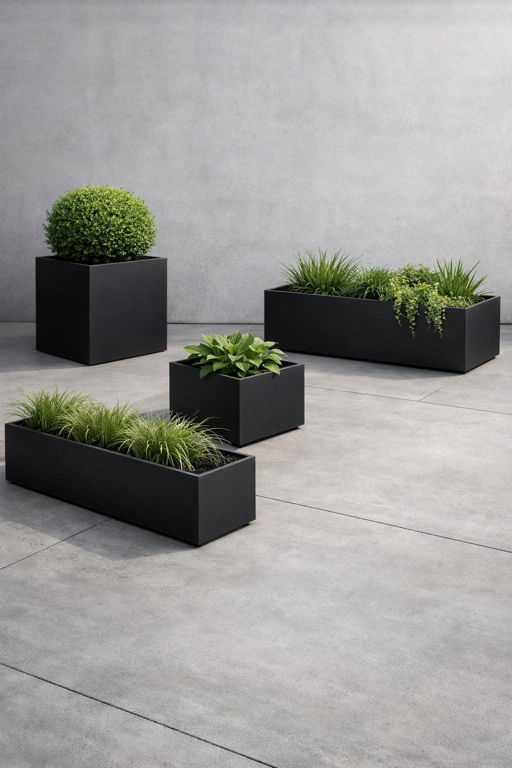 A gray concrete patio with black steel planters holding green plants arranged neatly outdoors.