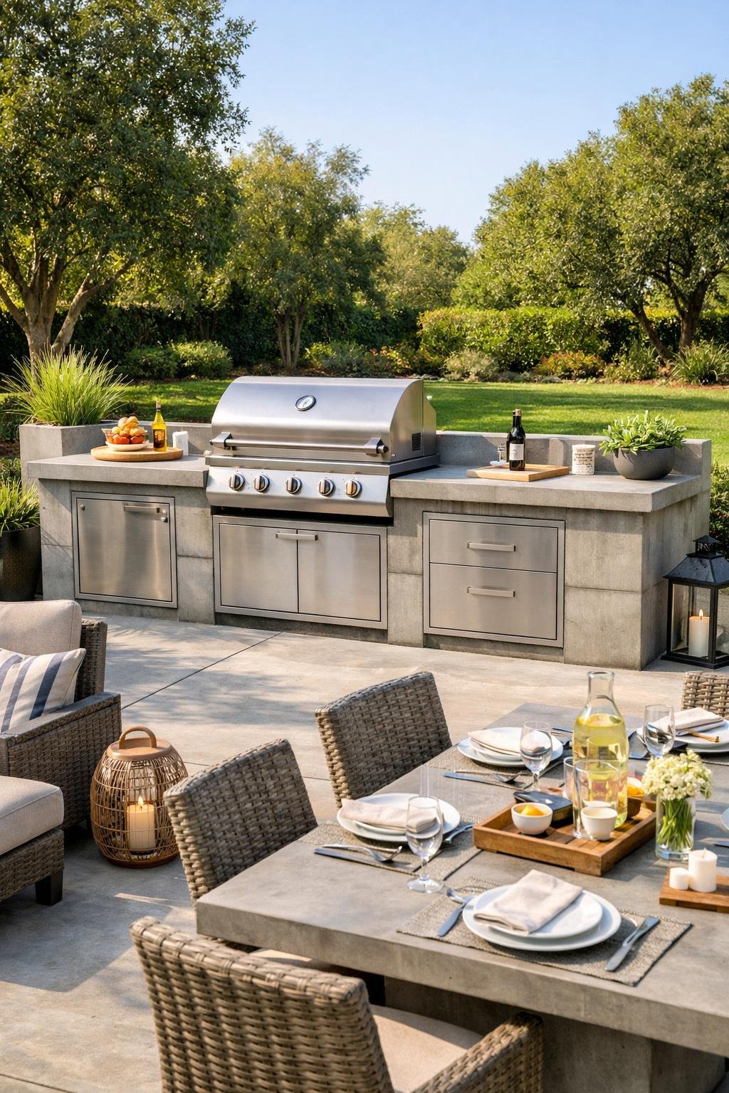 A concrete patio with a built-in outdoor kitchen and grill, surrounded by seating and greenery, set up for an outdoor gathering.