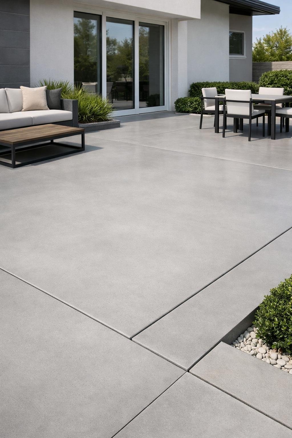 Outdoor patio with smooth poured concrete flooring and clean edges, surrounded by simple landscaping and modern furniture.