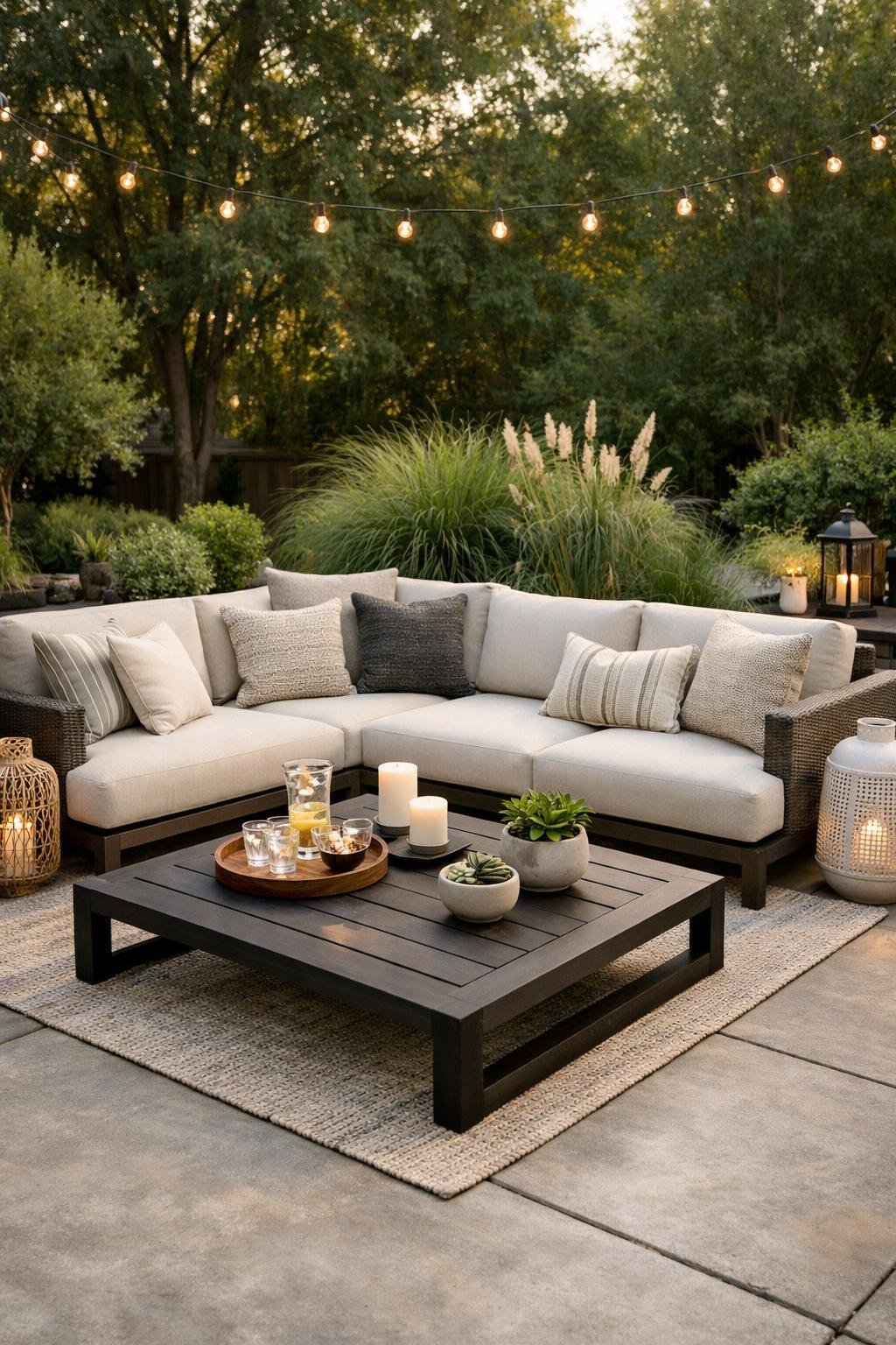Outdoor concrete patio with a sectional sofa, coffee table, and plants arranged for a comfortable gathering space.