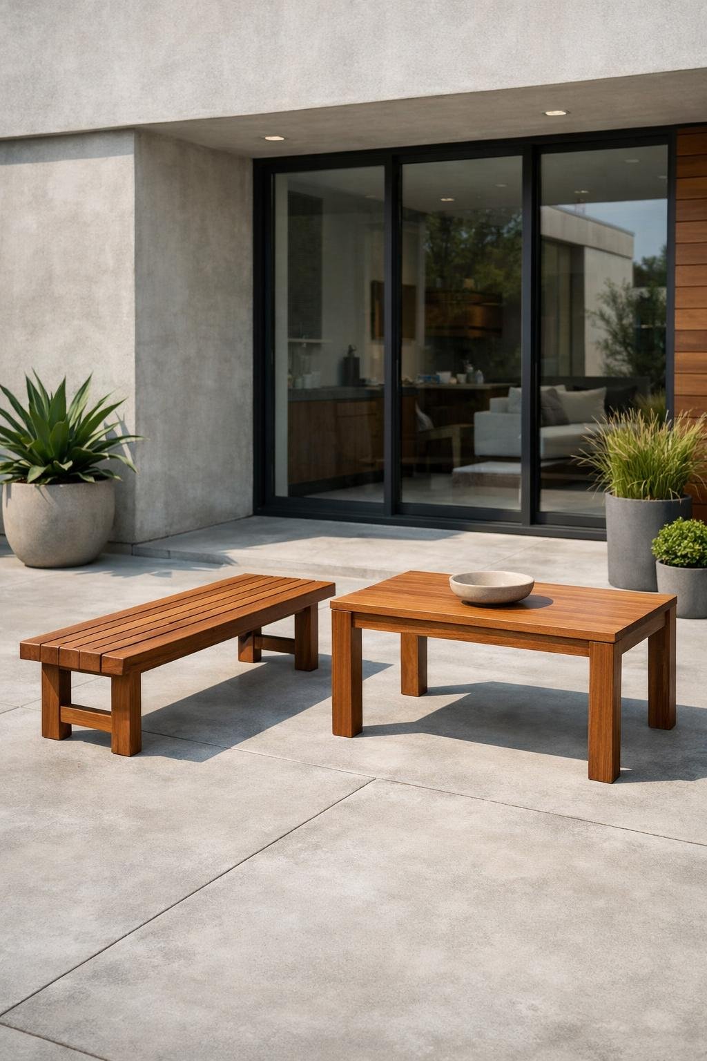 Outdoor patio with concrete floor and wooden furniture surrounded by plants in front of a modern house.