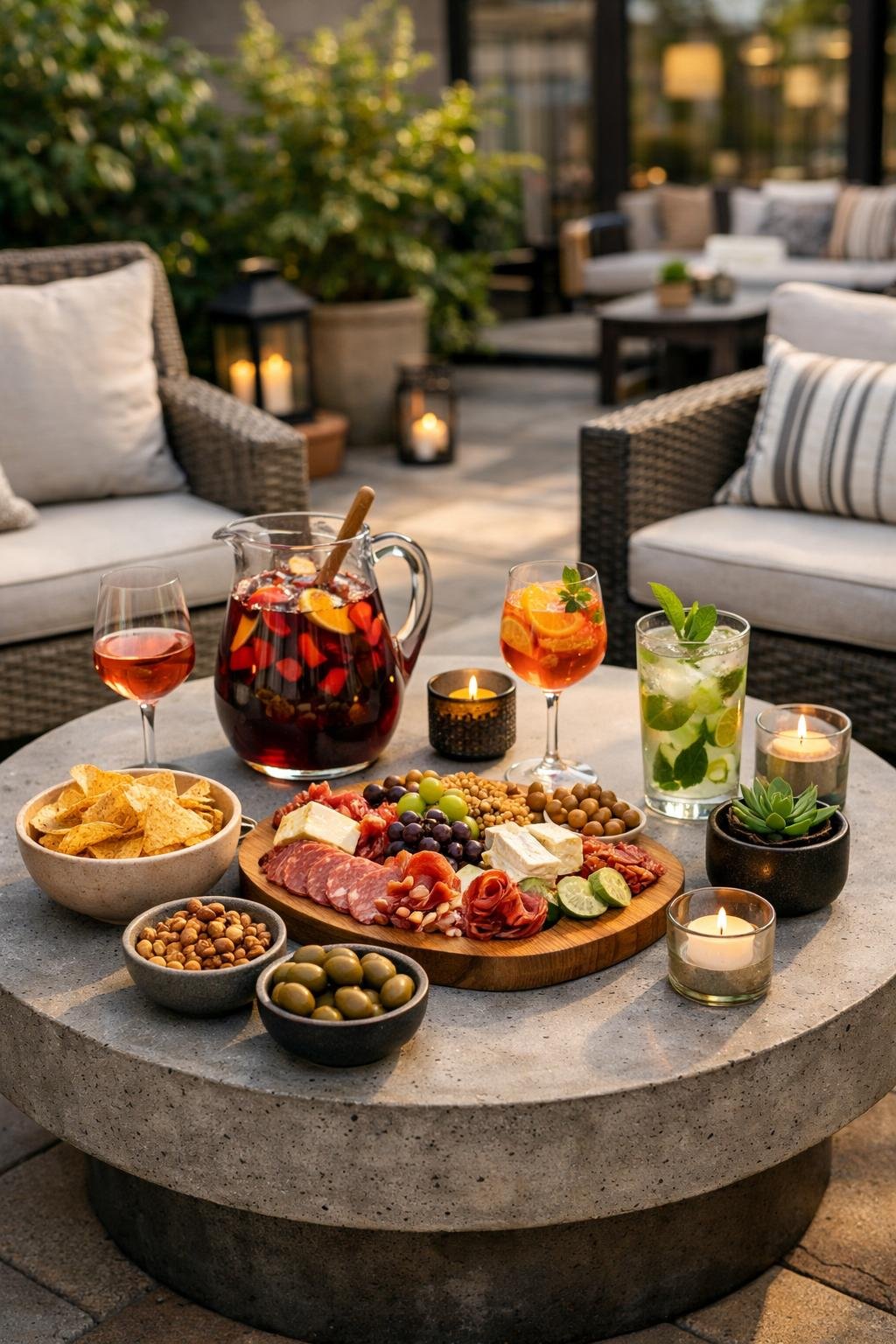 Round concrete coffee table outdoors with drinks and snacks on a patio surrounded by chairs and plants.