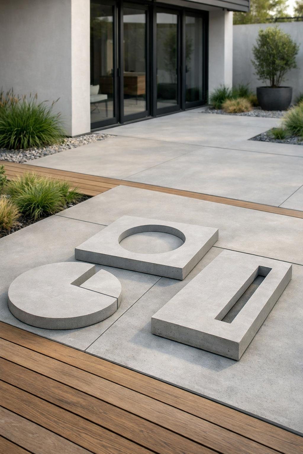 Outdoor patio area with geometric cutout concrete sections, plants, and wooden decking in a residential backyard.