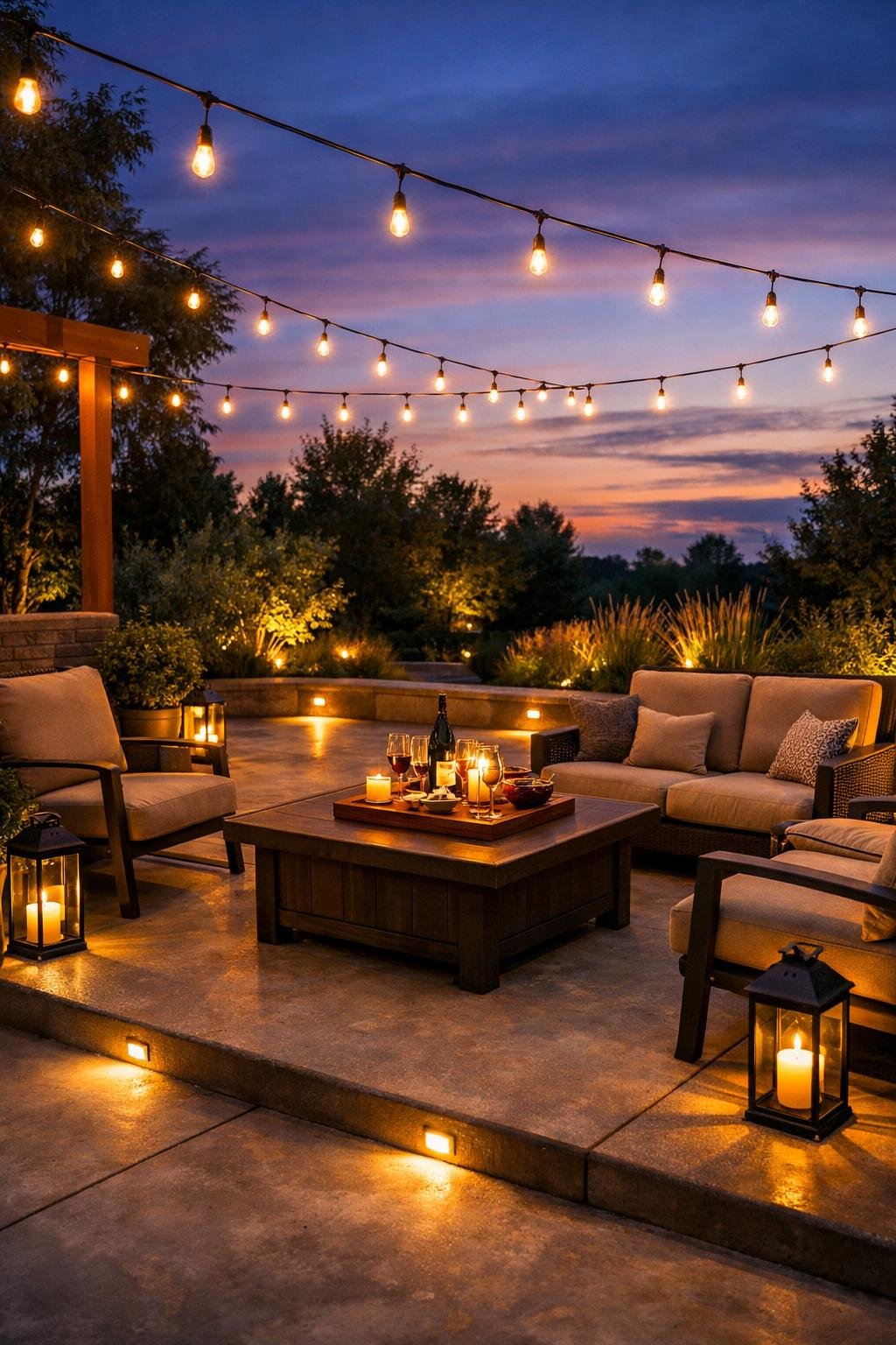 An outdoor concrete patio at twilight with string lights and recessed LED lighting illuminating seating areas and plants.