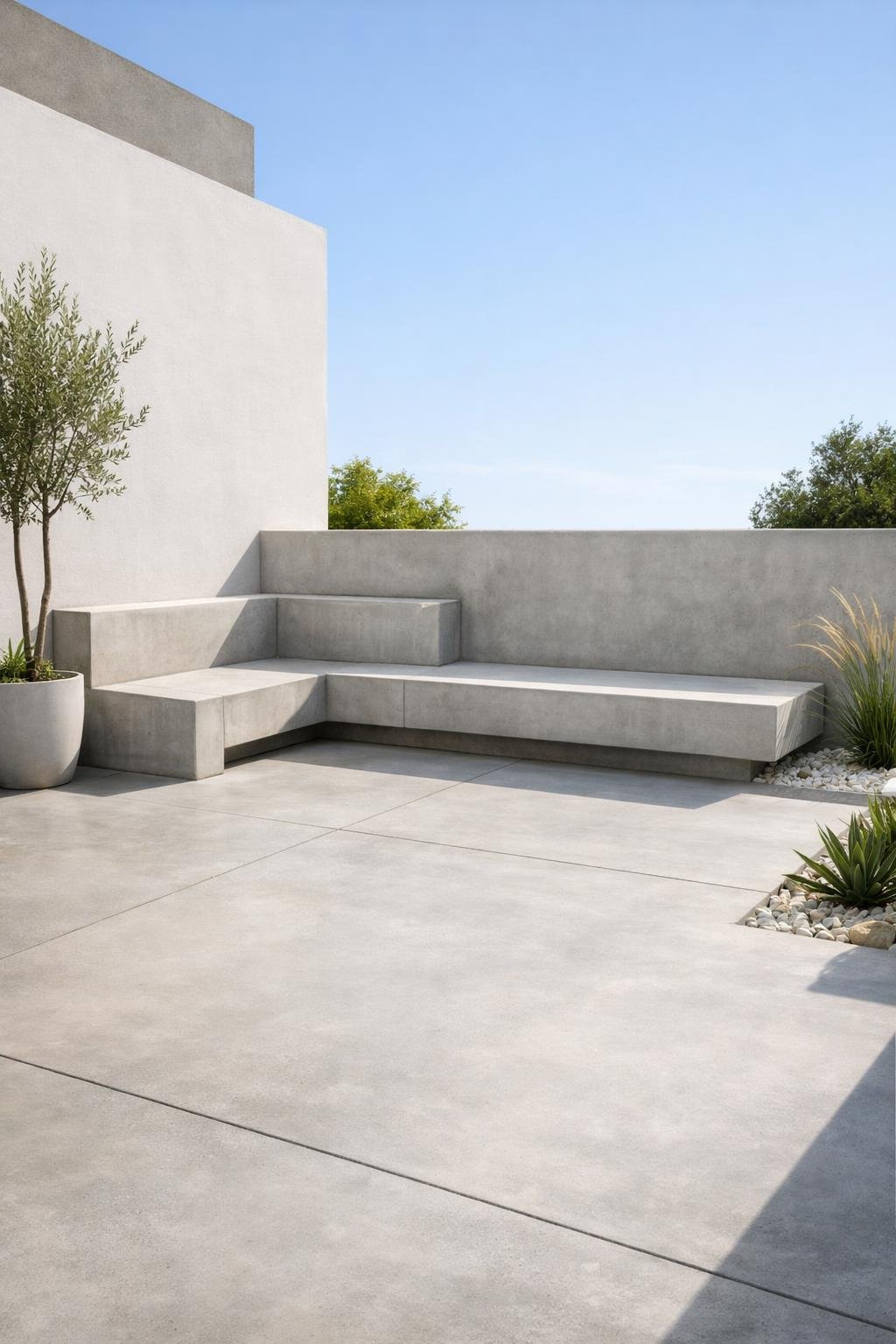 A bright outdoor patio with smooth concrete benches built into the floor and walls, surrounded by small plants.